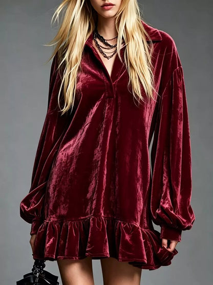 Full Size Velvet Ruffled Hem Long Sleeve Dress Plus Size