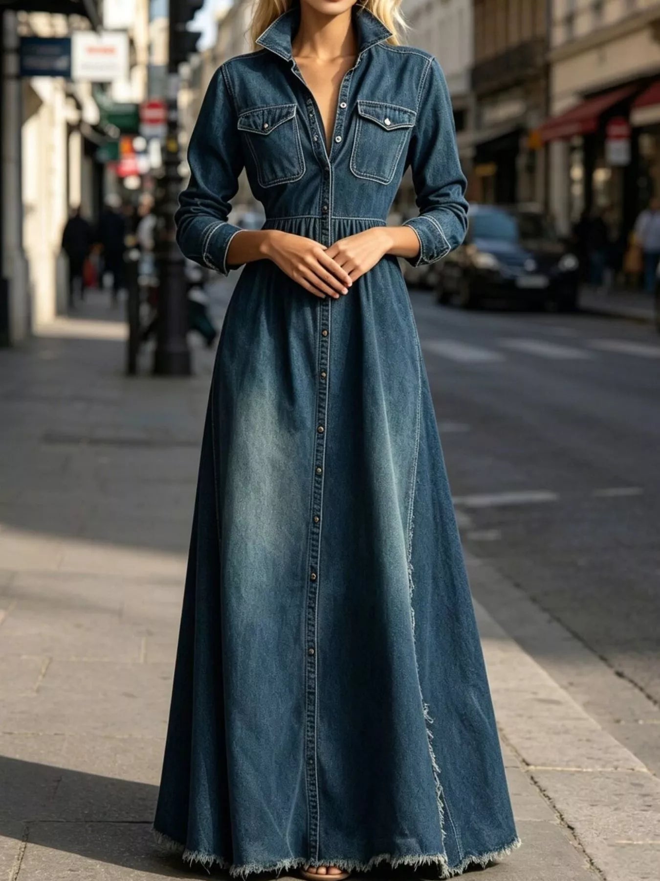 Raw Hem Long-Sleeve Denim Maxi Dress