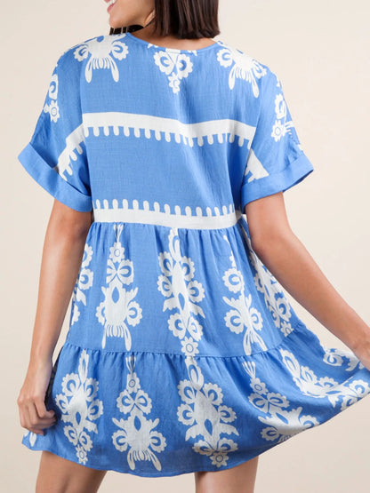 Printed V-Neck Short Sleeve Mini Dress