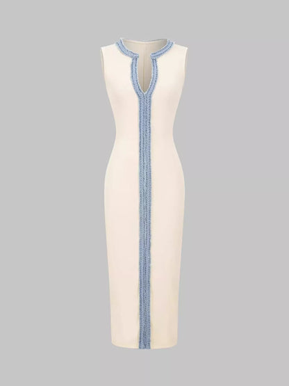 Slit Contrast Notched Sleeveless Dress