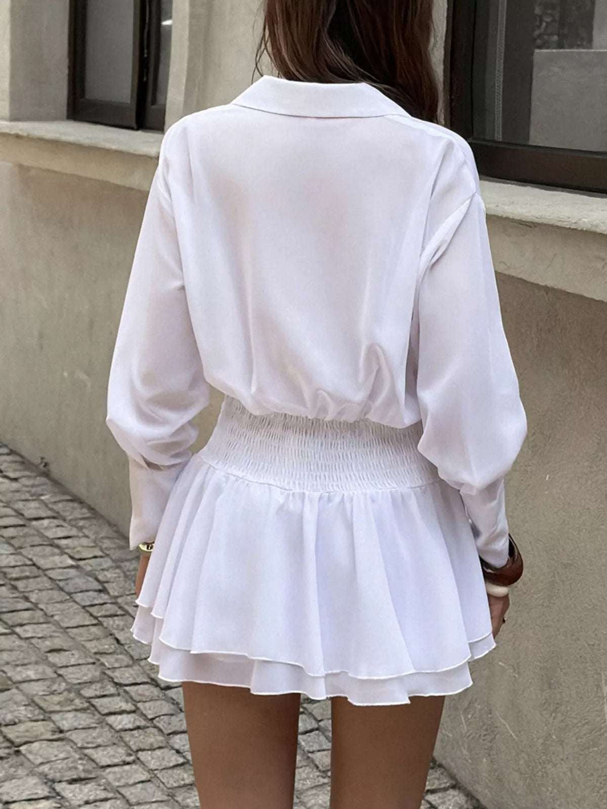 Ruched Waist Layered Ruffle Hem Shirt Dress