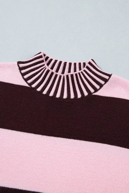 Stripe Contrast High Neck Dropped Shoulder Relaxed Sweater