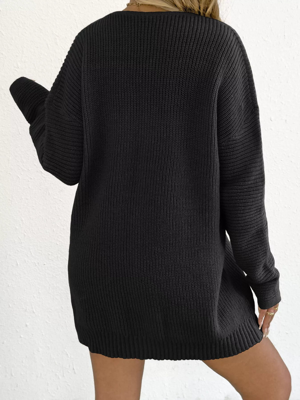 V-Neck Ribbed Knit Sweater Dress