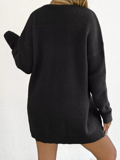 V-Neck Ribbed Knit Sweater Dress