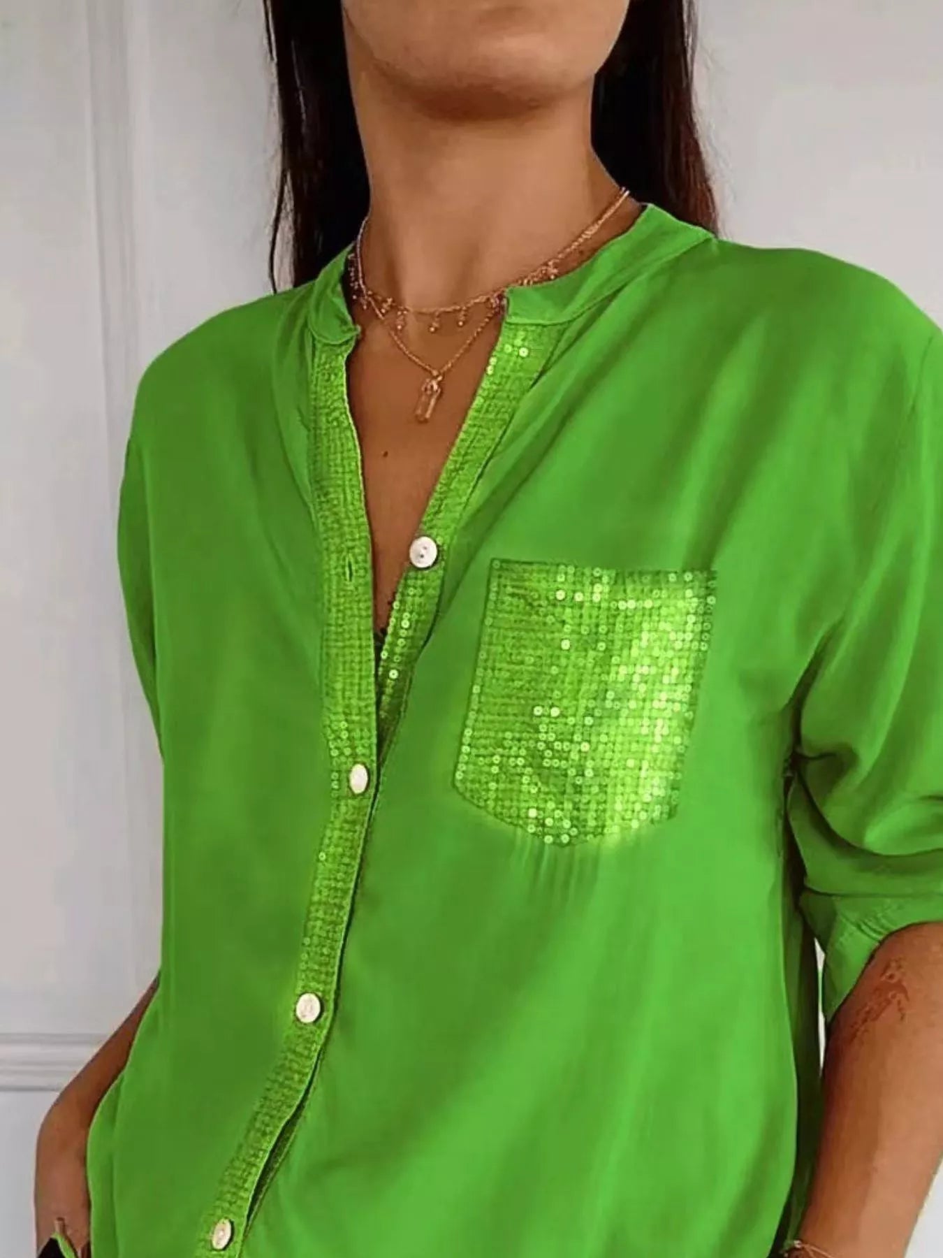 Full Size Sequin Detail Button-Down Shirt Plus Size