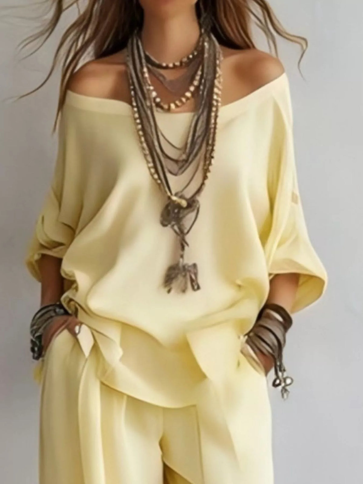 Off-Shoulder Loose Fit Top and Pants Two-Piece Set