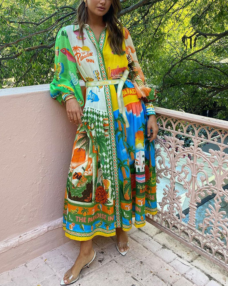 Summer vacation style printed long-sleeved dress