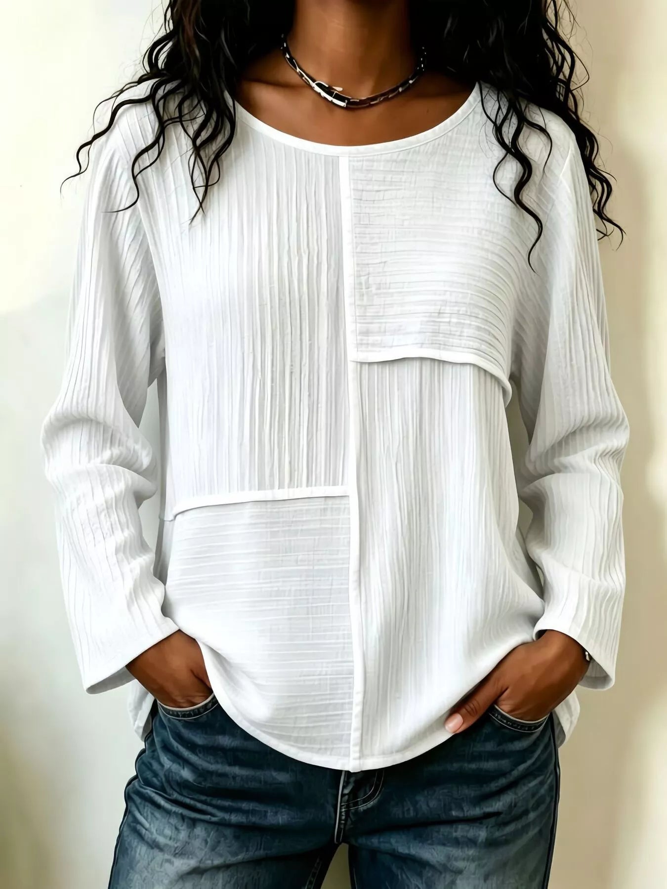 Women's Textured Patchwork Long Sleeve Top