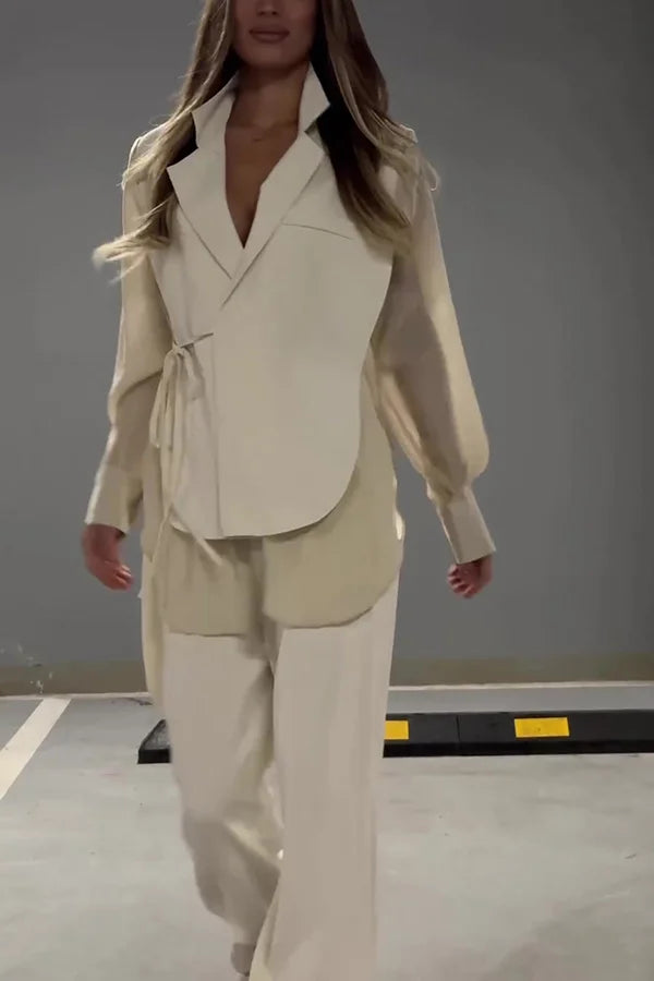 Ensemble veste à lacets irréguliers en mousseline de soie chic et élégant et pantalon droit à poches