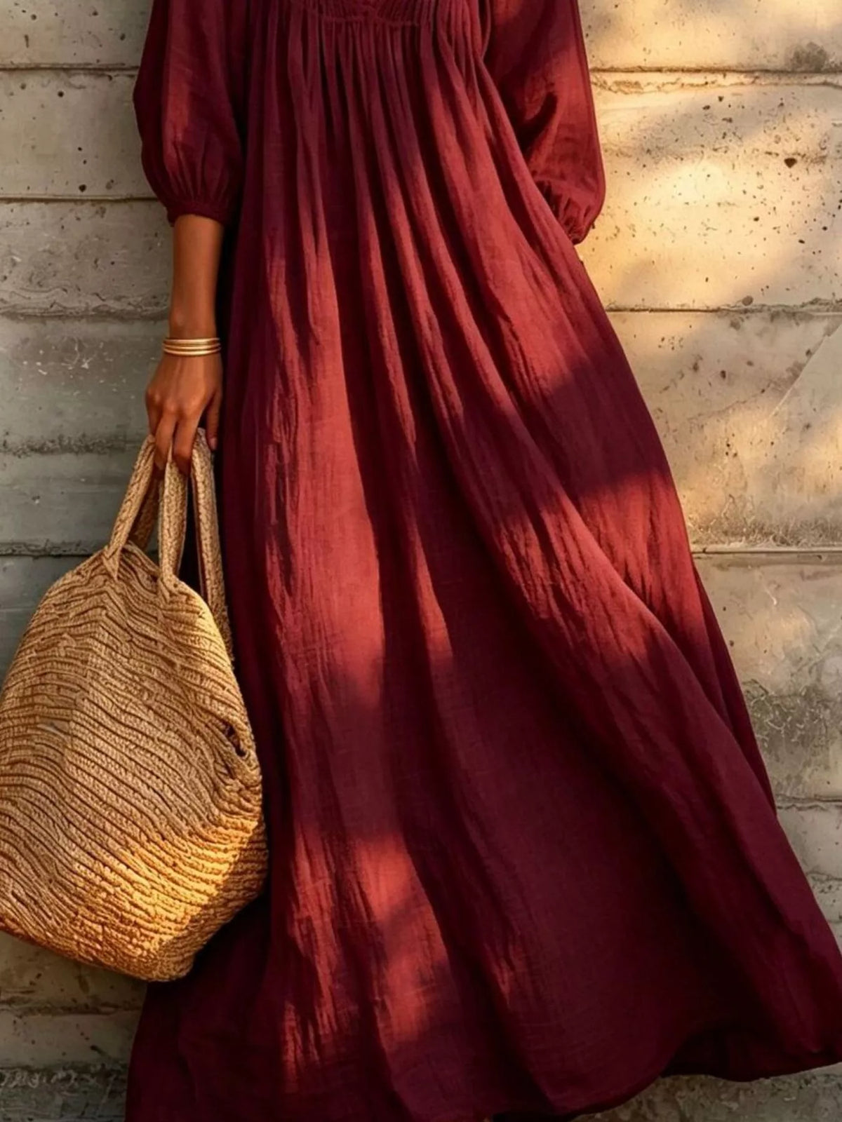 Tiered Notched 3/4 Sleeve Maxi Dress