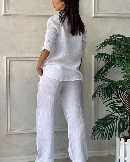 Solid Color Cotton Linen Long-sleeved Shirt & Lace-up Wide Leg Pants Two-piece Set