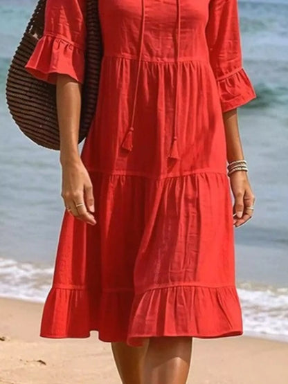 Full Size Tiered Tie Neck Flounce Sleeve Dress Plus Size