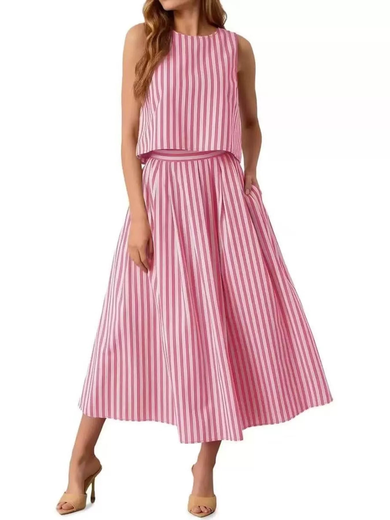 Striped Sleeveless Top and Midi Skirt Two-Piece Set