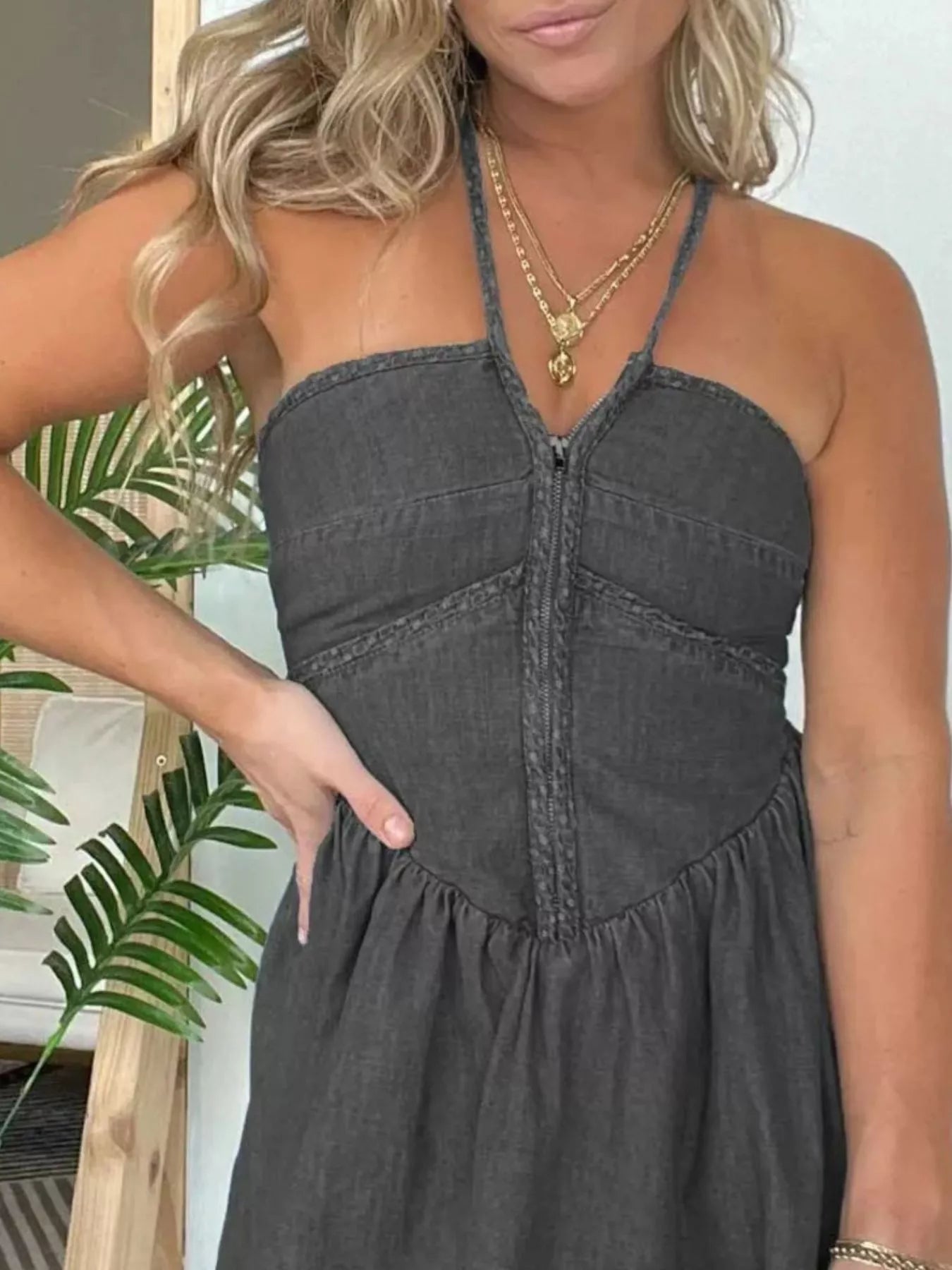 Full Size Denim Halter Neck Mini Dress Plus Size