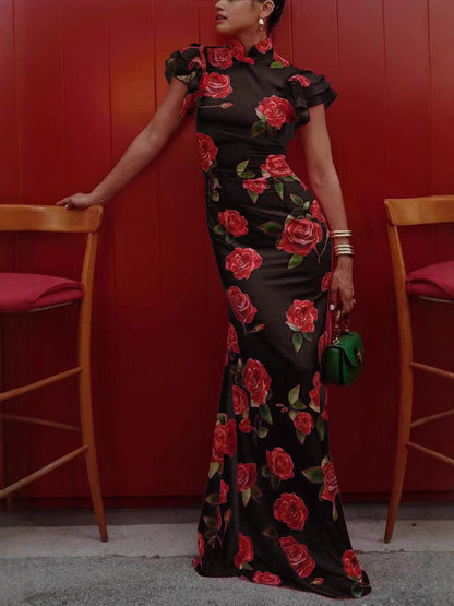 Robe longue extensible à manches évasées et à imprimé floral rose style cheongsam