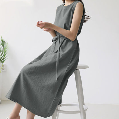 Casual Sleeveless Belted Cotton Dress