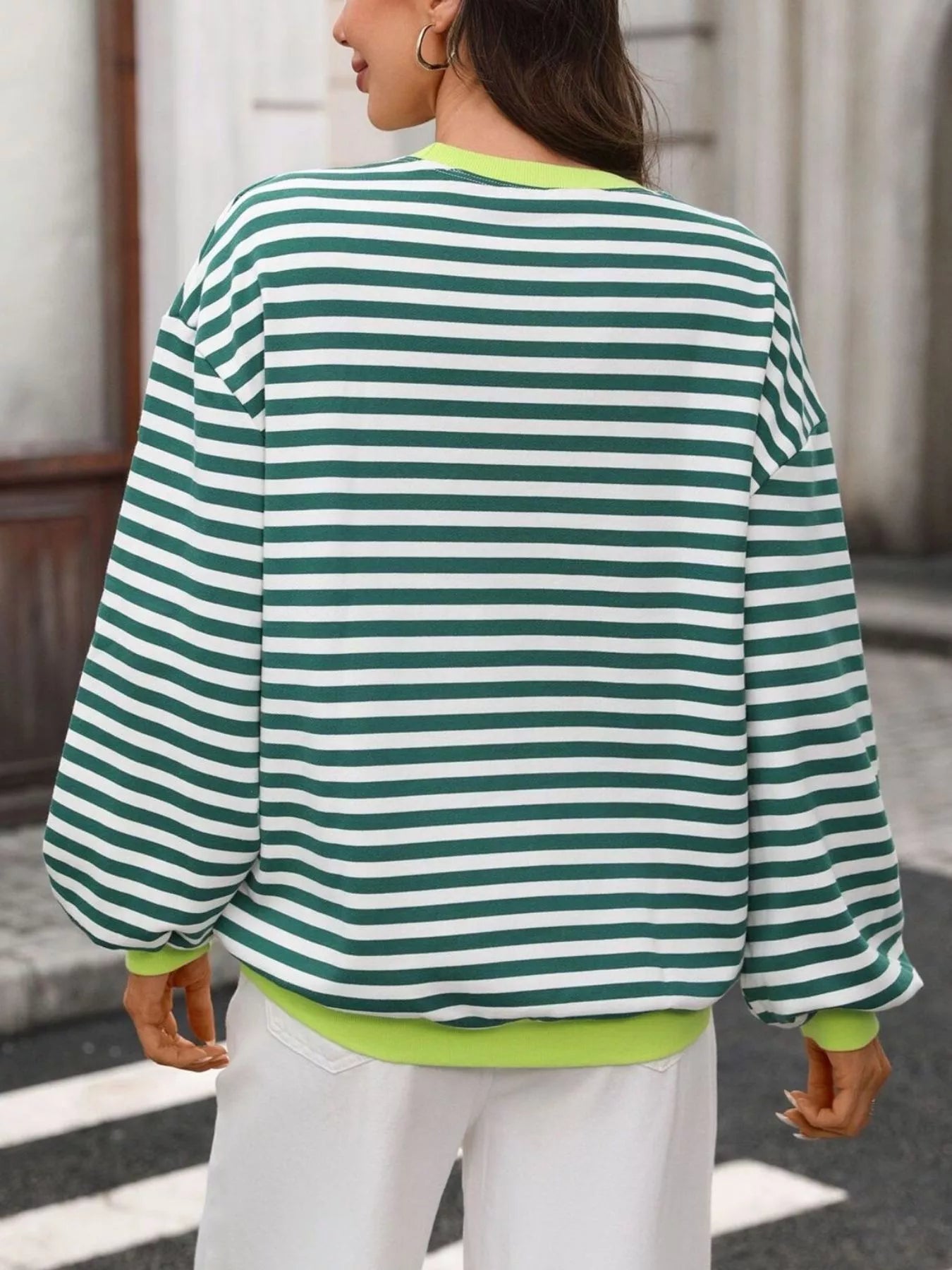 Contrast Trim Striped Crew Neck Sweatshirt