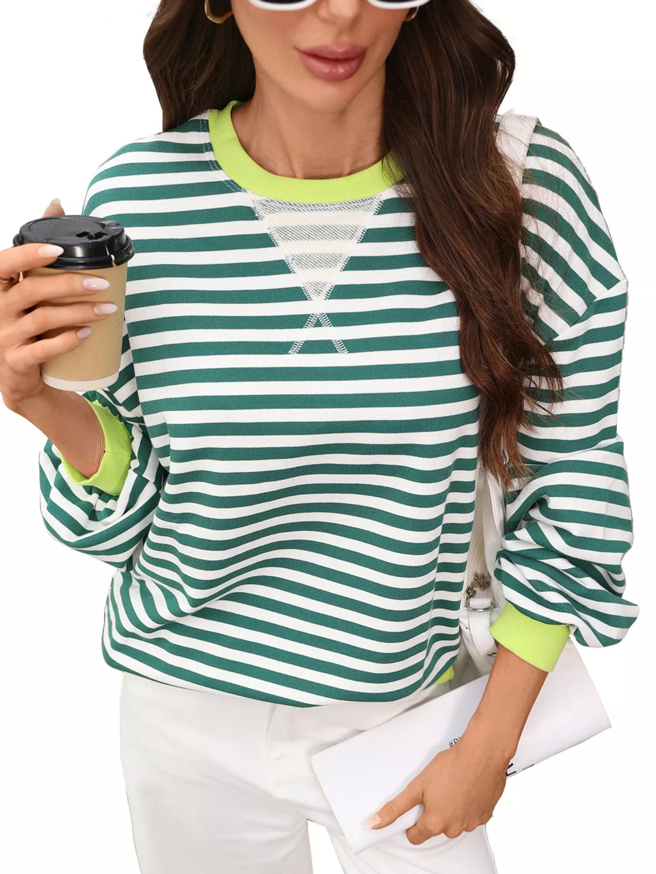 Contrast Trim Striped Crew Neck Sweatshirt