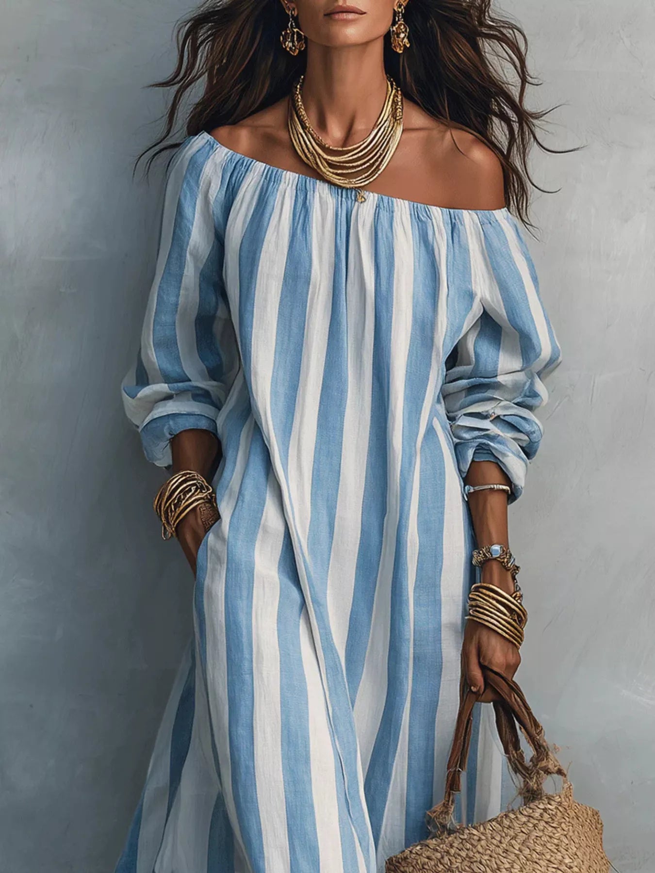 Off-Shoulder Striped Dress with Pockets