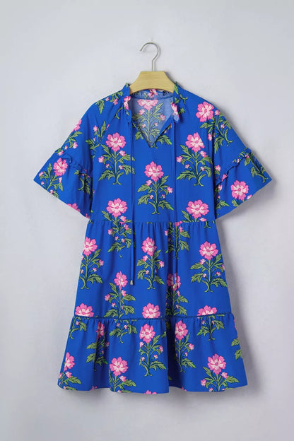 V Neck Short Sleeve Loose Flower Dress