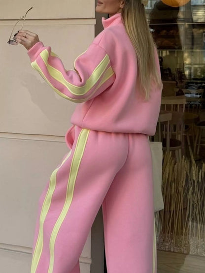 Contrast Striped Zip Up Top and Pants Set