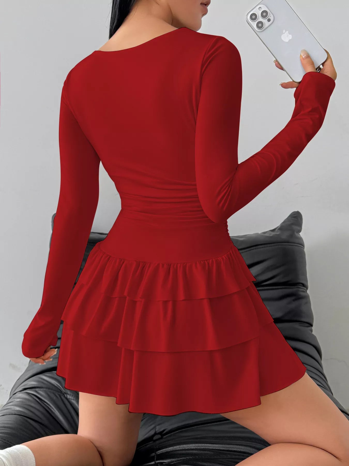 Elara's Ruched Long Sleeve Layered Ruffle Mini Dress
