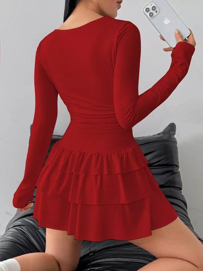 Elara's Ruched Long Sleeve Layered Ruffle Mini Dress