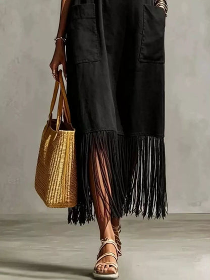 Full Size Fringe Spaghetti Strap V-Neck Dress Plus Size