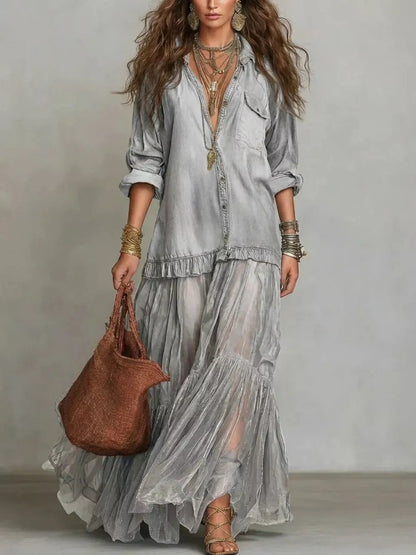 Full Size Tiered Long Sleeve Denim Shirt Maxi Dress Plus Size