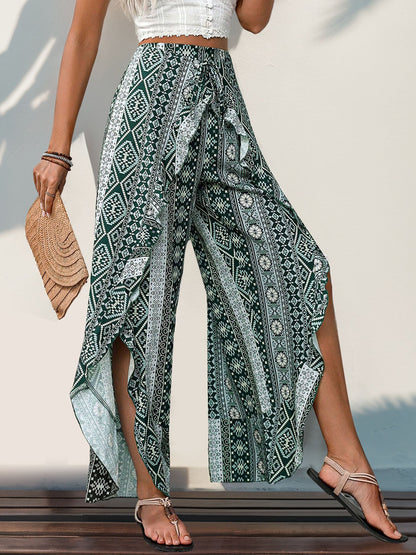 Blue Zone Planet | Slit Ruffled Geometric Wide Leg Pants