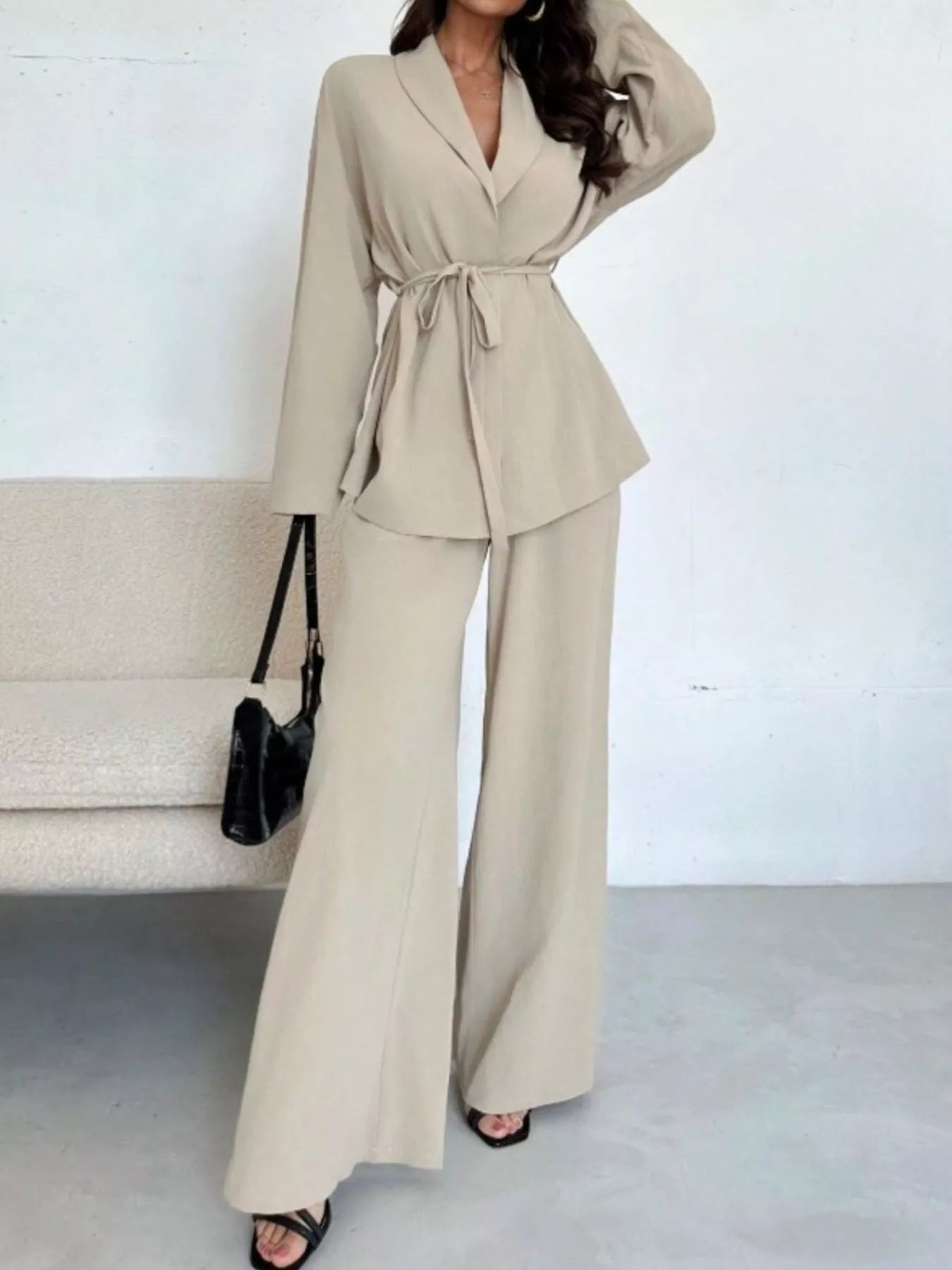 Textured Tie Waist Top and Wide-Leg Pants Set