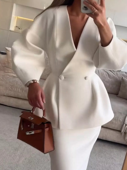 Double-Breasted Peplum Blazer and Skirt Set