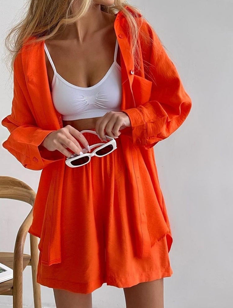 Fashion Solid Color Long Sleeves Shirt Loose Shorts Suit