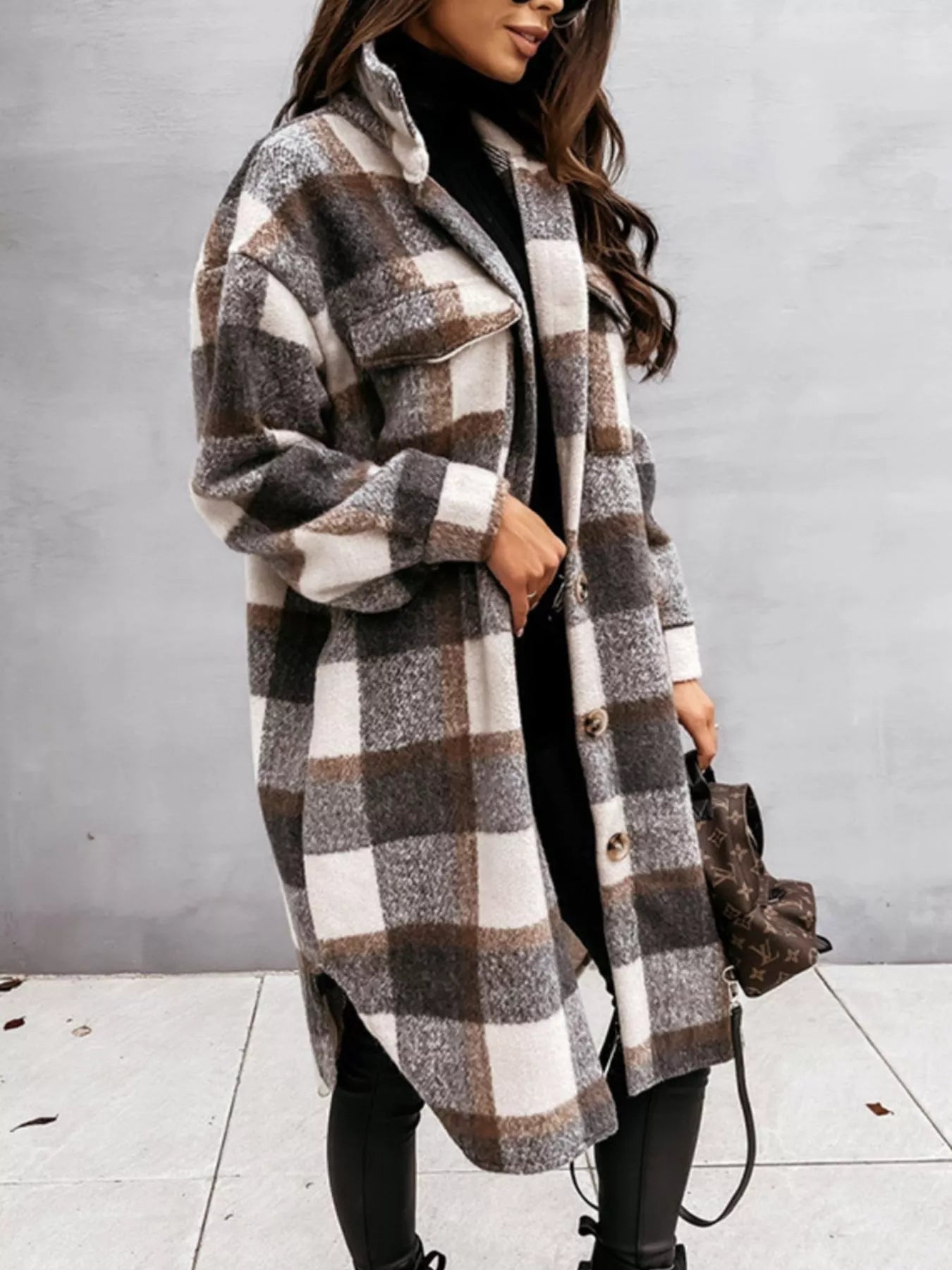 Longline Plaid Button-Up Coat for Women | Boutique Outerwear