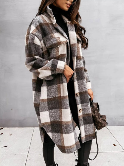 Longline Plaid Button-Up Coat for Women | Boutique Outerwear