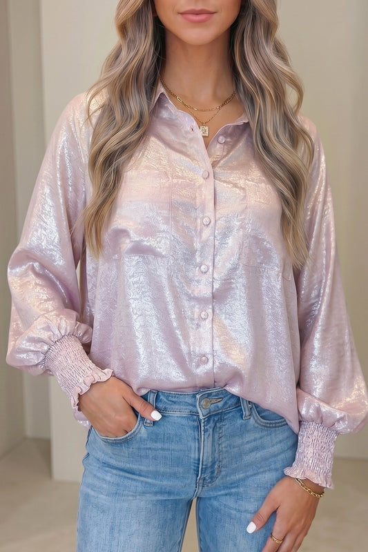 Delicacy Long Sleeve Button Front Ruffle Cuffs Back Paneling Shirt