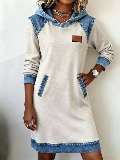 Full Size Denim Patchwork Hooded Sweatshirt Dress Plus Size