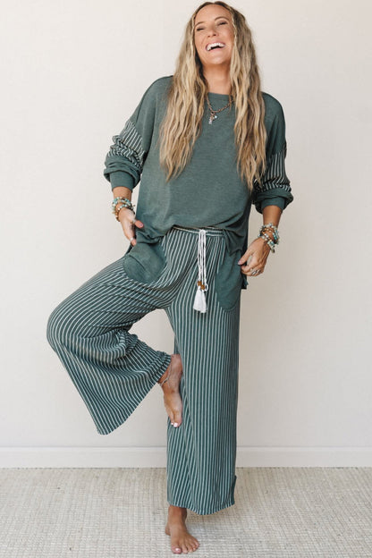 Fushia Raw Seam Patchwork Long Sleeve Top Pocket Casual Pants 2pcs Set