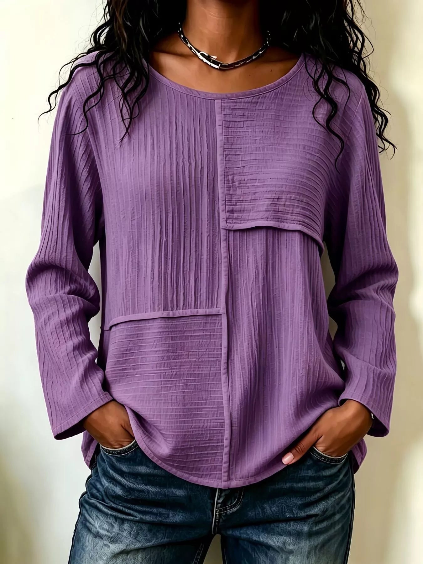 Women's Textured Patchwork Long Sleeve Top