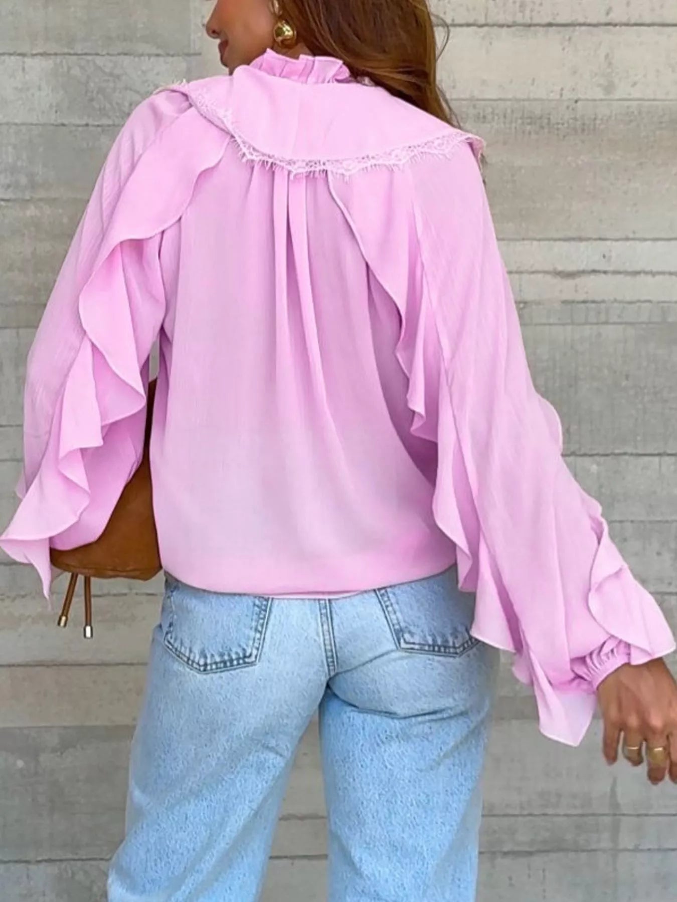 V-Neck Ruffled Lace Trim Blouse