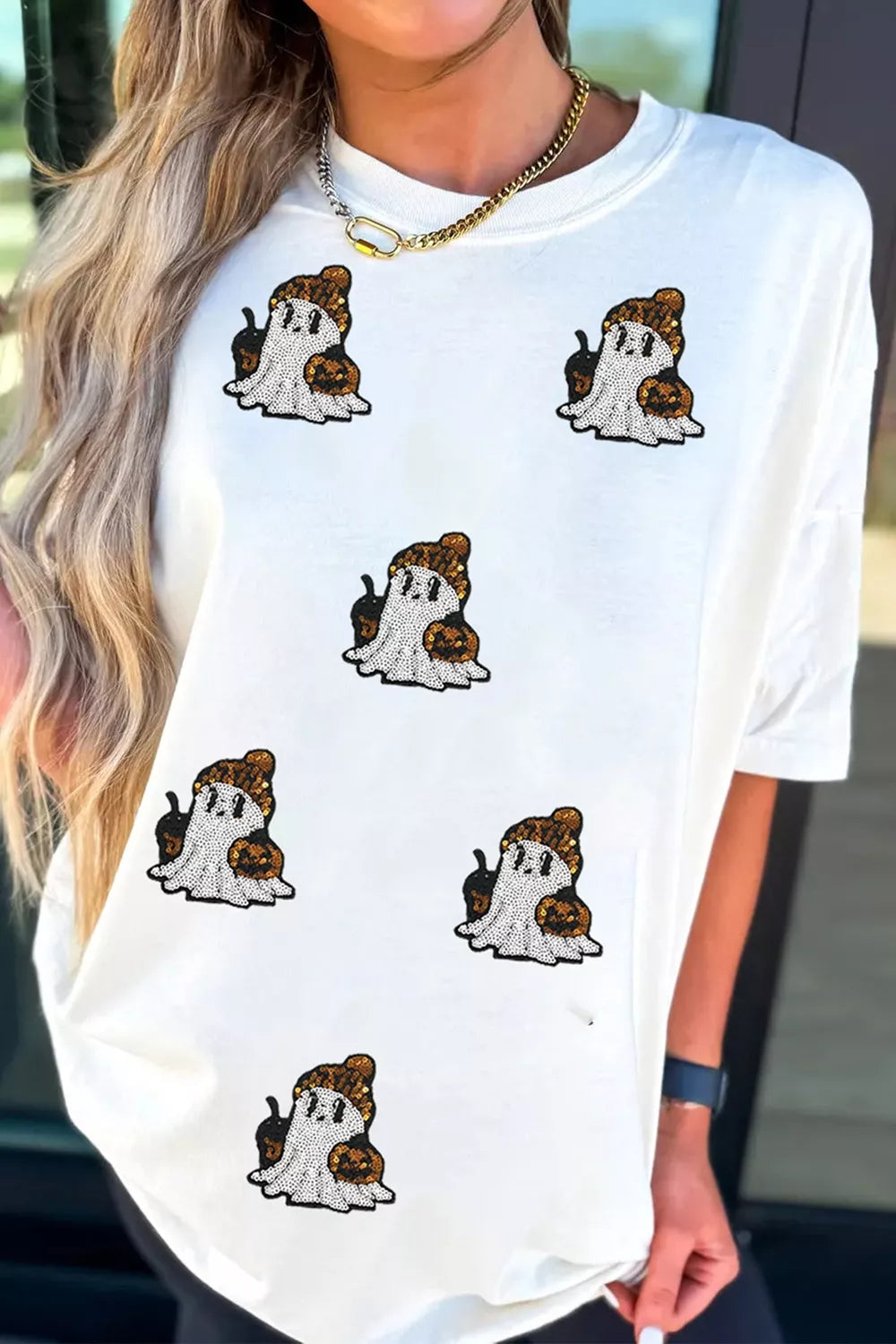 Full Size Halloween Sequin Ghost Print Short Sleeve Casual T-Shirt Plus Size