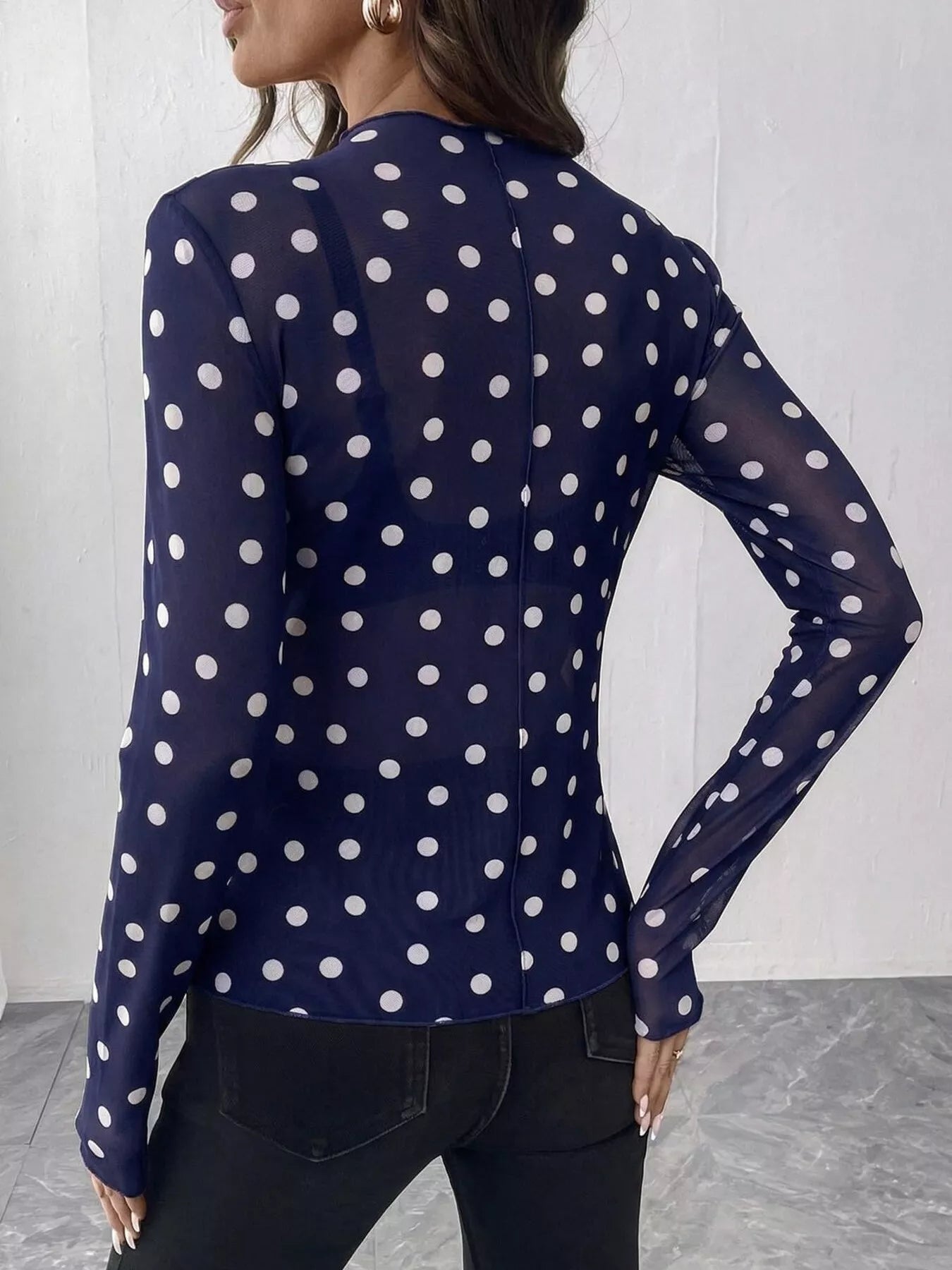 Sheer Polka Dot Long Sleeve Mock Neck Top