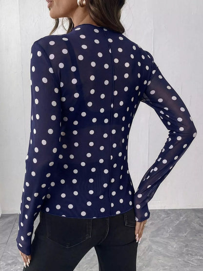 Sheer Polka Dot Long Sleeve Mock Neck Top
