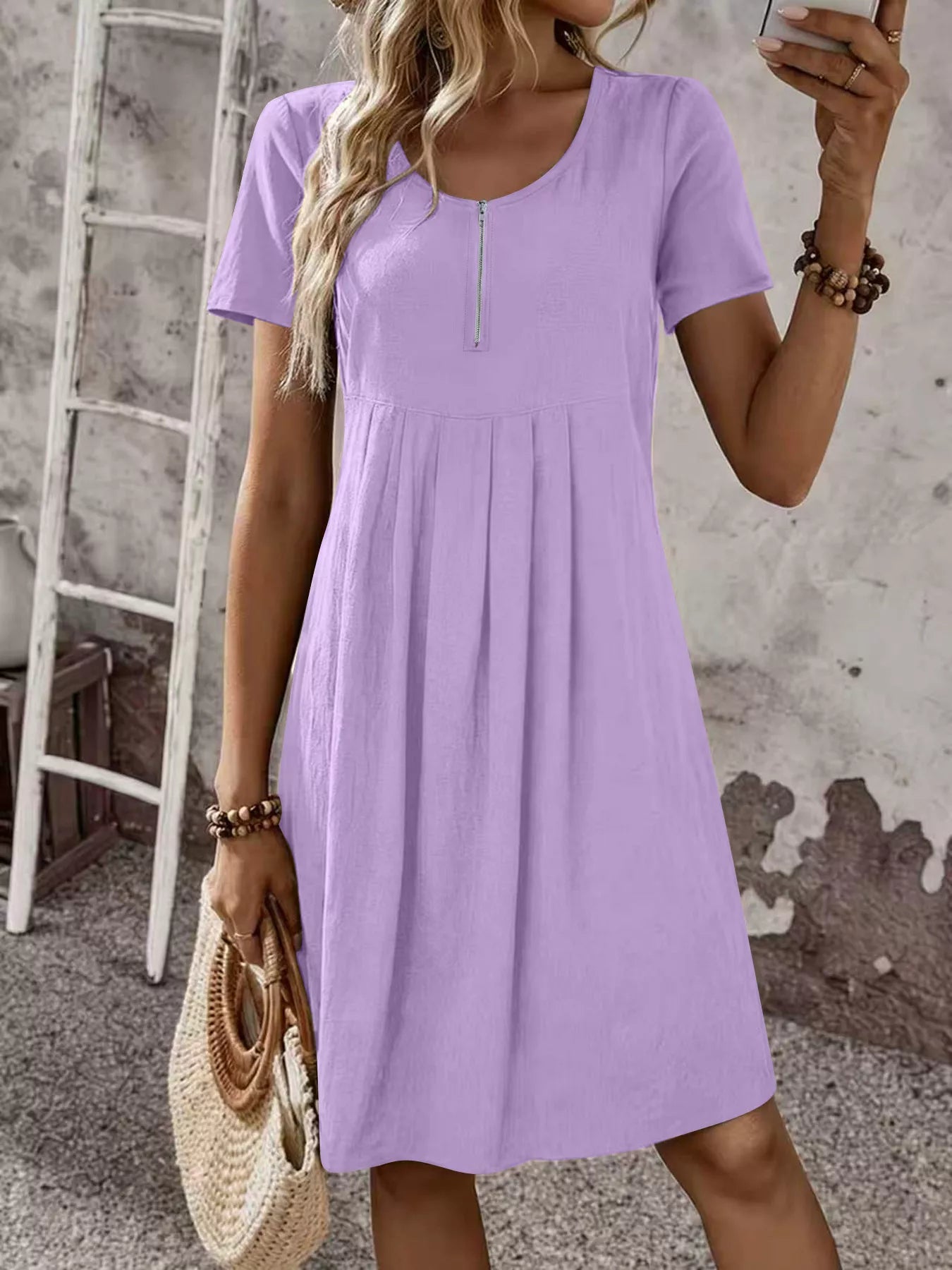 Zipper-Front Short Sleeve A-Line Dress