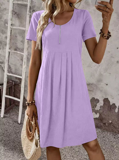 Zipper-Front Short Sleeve A-Line Dress