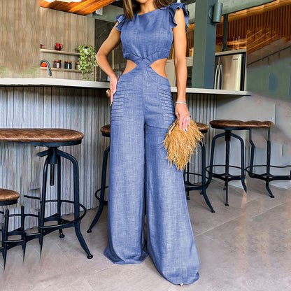 Summer round neck ruffled loose jumpsuit