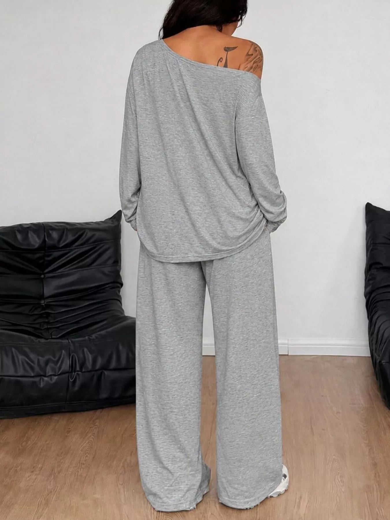 Boat Neck Long Sleeve Top and Wide-Leg Pants Set