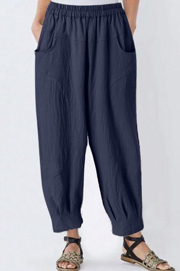 Casual Solid Paneled Side Pockets Elastic Folds Harem Pants