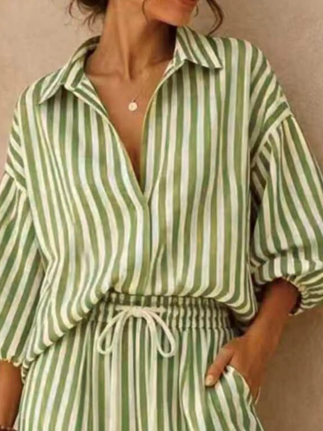 : Plus Size Striped Puff Sleeve Shirt & Wide-Leg Pants Set