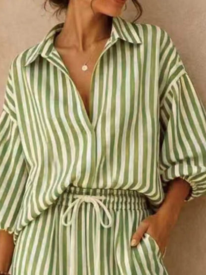 : Plus Size Striped Puff Sleeve Shirt & Wide-Leg Pants Set